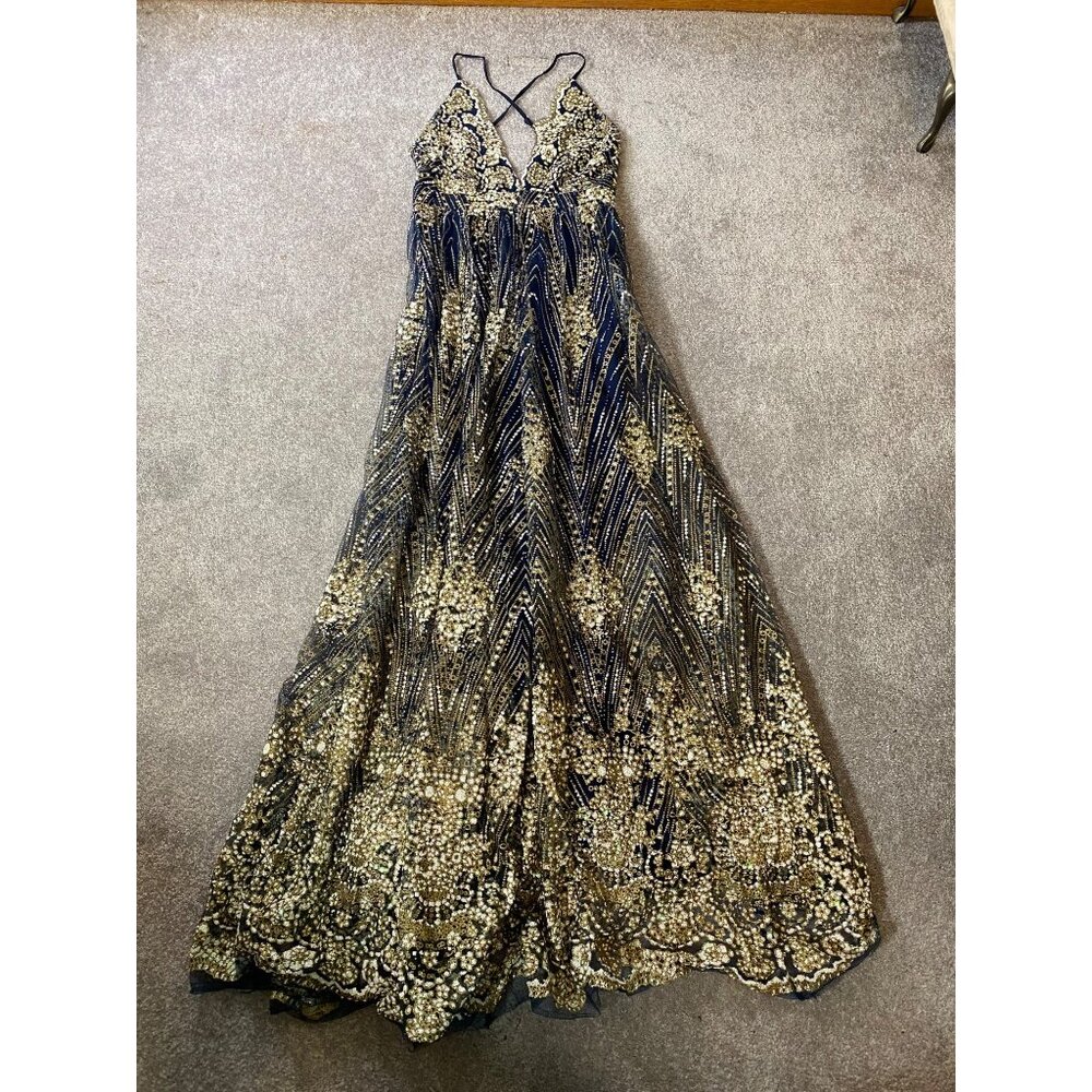 Luxxel Formal Maxi Navy Gold Glitter Formal Gown Sheer Overlay Deep V Neck Small